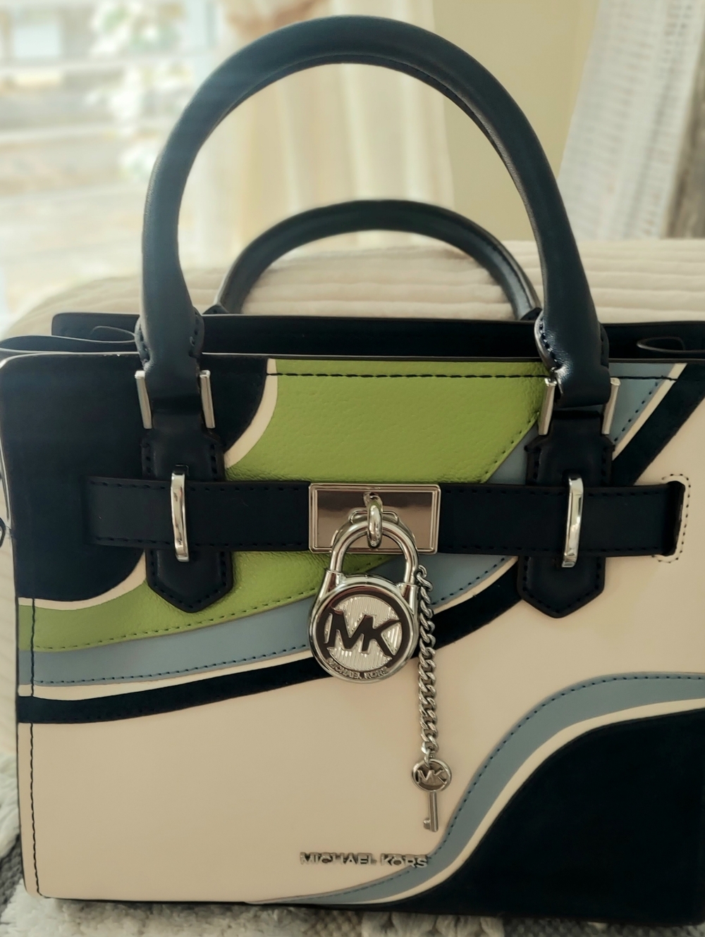 Michael Kors Hamilton In White, Navy , Light Blue & Lime Green Leather Satchel - Picture 3 of 10